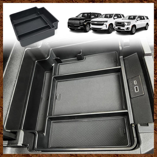 Muslogy for 2021-2025 Yukon Tahoe Suburban Center Console Tray Middle Organizer ABS Armrest Storage Box Compatible with GMC Yukon Tahoe Suburban 2021 2022 2023 2024 2025 Not for Sliding Console(Black)