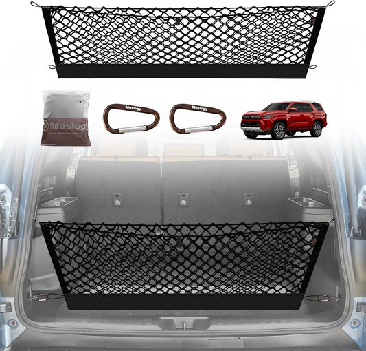 Muslogy Envelope Style Trunk Cargo Net Compatible with 2025 Toyota 4Runner Accessories Custom Fit Trunk Organizer Upgraded Mesh Storage Luggage Net with Metal Hooks