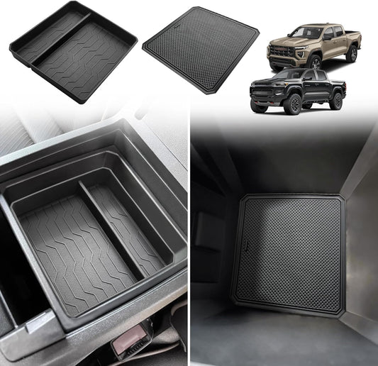 Muslogy Center Console Organizer Compatible with Chevy Colorado/GMC Canyon 2023 2024 2025 Console OEM Tray Insert Divider & Console Bottom Mat Set TPE Storage Box Center Console Layer Insert Tray