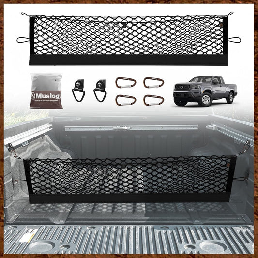 Muslogy Truck Bed Cargo Net Compatible with Nissan Frontier 2022-2024 2025 Accessories Storage Organizer Pickup Truck Bed Envelope Style Cargo Net with Heavy Duty Carabiners 12