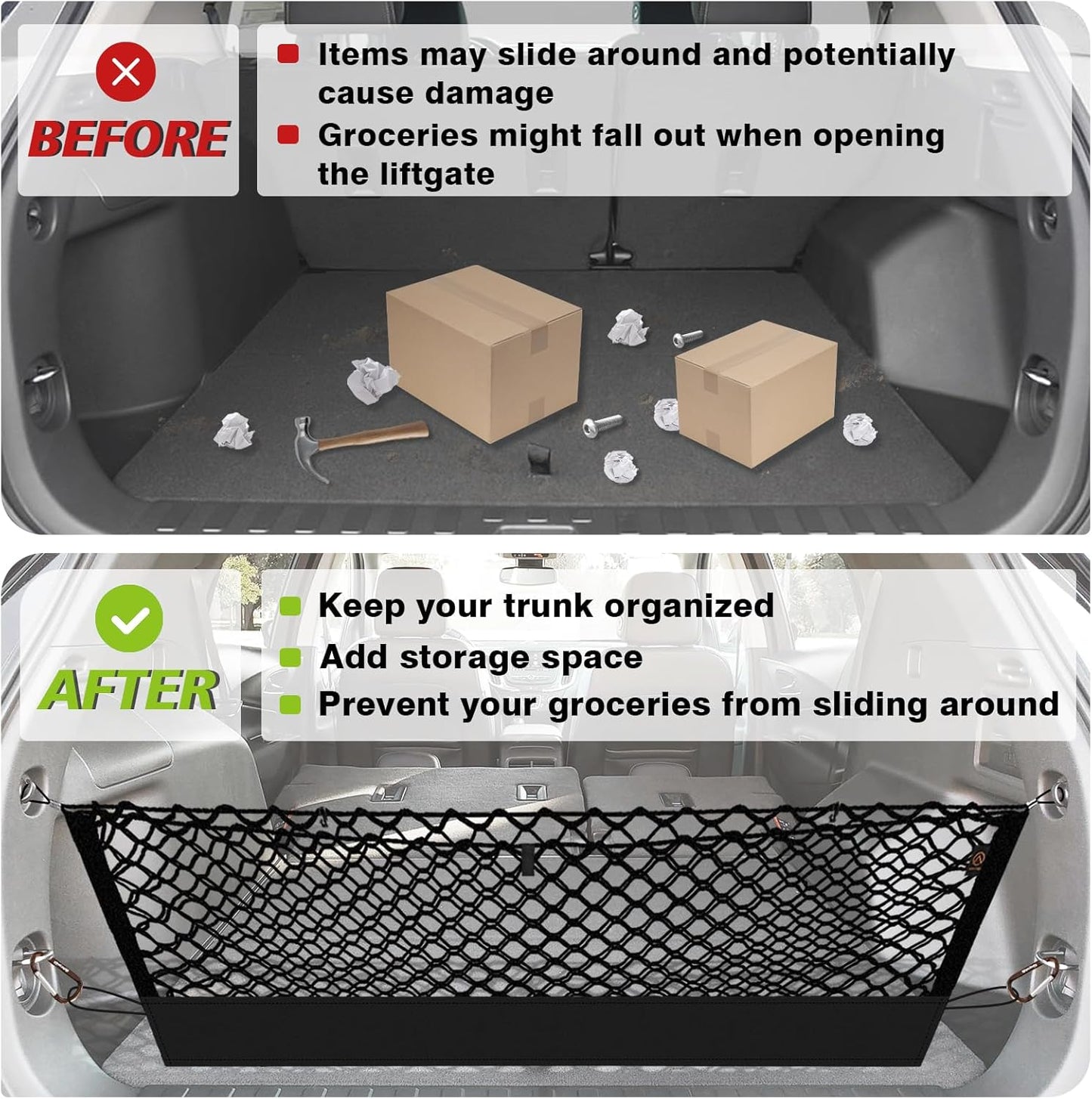 Muslogy Envelope Style Trunk Cargo Net Compatible with 2018-2024 Chevy Equinox & GMC Terrain Accessories Custom Fit Trunk Organizer Upgraded Mesh Storage Luggage Net with Metal Hooks